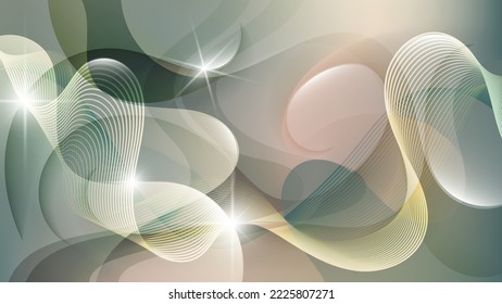 Fond d'écran surréaliste aux couleurs douces. Lignes ondulantes, éclairs de lumière, éblouissement et lueur sur fond marron de formes abstraites qui se chevauchent avec des arêtes lisses. Image vectorielle.