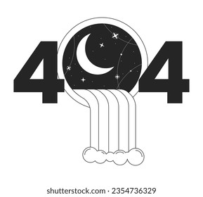 Surreal waterfall coming out window black white error 404 flash message. Crescent moon. Monochrome empty state ui design. Page not found popup cartoon image. Vector flat outline illustration concept