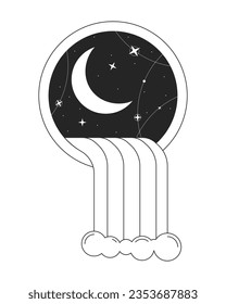 Surreal waterfall coming through window flat monochrome isolated conceptual clipart. Crescent moon. Editable black and white line vector object. Simple outline spot illustration for web graphic design