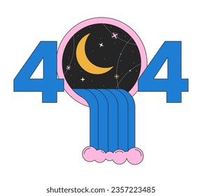 Surreal waterfall coming through window error 404 flash message. Crescent moon. Empty state ui design. Page not found popup cartoon image. Vector flat illustration concept on white background