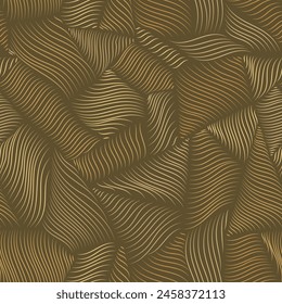 Surreal wavy endless yarn texture in golden earthy colors. Abstract brown textured pattern of curvy glossy shapes.