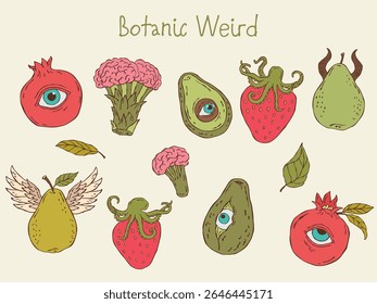 Surreal and whimsical fruit and vegetable illustrations in colorful vector sketch style. A playful collection combining food with fantasy elements — perfect for prints, patterns, and creative projects