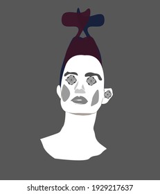 Surreal woman portrait vector minimal design. Graphic portrait of pretty girl with little dragons on the head. Fantasy surreal modern illustration