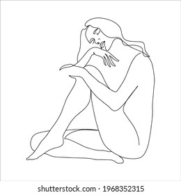 Surreal Woman Sitting Continuous Line, Drawing Of Body Pose And Hands, Fashion Concept, Woman Beauty Minimalist, Vector Illustration Pretty Sexy. Contemporary Portrait