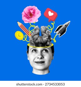 Cabeça de mulher surreal com foguete, moeda, flor, lápis, como botão dentro. Cabeça com cérebro em forma de noz. Colagem moderna. Estilo de vida, rotina diária. Saúde mental. Multitarefa. Pensamentos femininos na cabeça