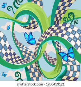 surreal wonderland background with a maze road and butterflies. Seamless pattern. Texture for fabric, wrapping, wallpaper. Decorative print. Vector illustration