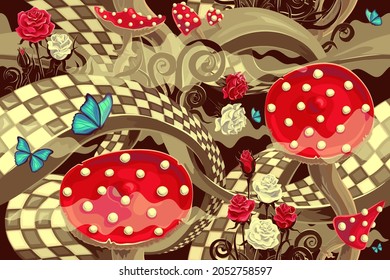 surreal wonderland background with a maze road, roses, mushrooms and butterflies. Seamless pattern. Texture for fabric, wrapping, wallpaper. Decorative print. Vector illustration