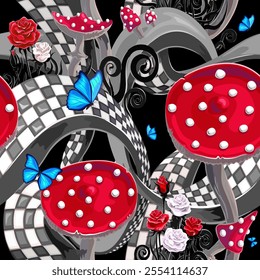 surreal wonderland background with a maze road, roses, mushrooms and butterflies. Seamless pattern. Texture for fabric, wrapping, wallpaper. Decorative print. Vector illustration