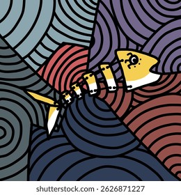Surreal Yellow Fish in Abstract Ocean Waves
