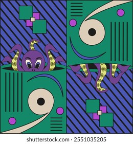 Surrealism abstract poster template design in trendy Psychedelic style. Modern Geometric art with octopus. Marine sur vector illustration. EPS 10