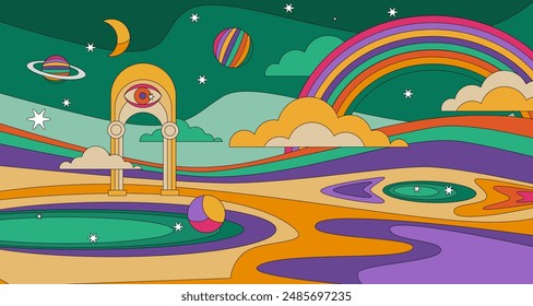 Surrealism abstract. Psychedelic landscape with surreal elements. Trippy colours vector illustration. Mystical and esoteric background. 