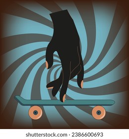 

Surrealism artwork with human hand on skateboard and circus tent background. Futuristic art design in trendy retro Groovy style 50s 60s. Vector illustration can used t-shirt print.