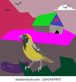 Surrealism, big yellow bird against acid sky, destroyed house. Postapocalyptic picture for a postcard. Vector illustration, children's drawing