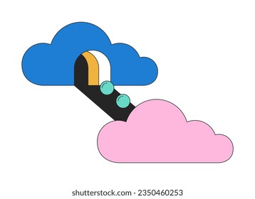 Surrealism clouds flat line concept vector spot illustration. Psychedelic clouds 2D cartoon outline scene on white for web UI design. Spheres rolling down ramp editable isolated color hero image