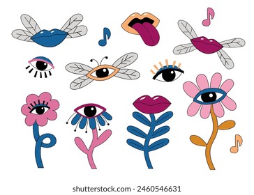 Surrealism design elements. Flowers and insects in the form of eyes, lips. Vector set isolated on white background.