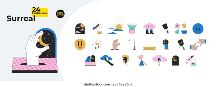 Surrealism dreams 2D linear cartoon concept objects bundle. Surreal esoteric symbols isolated line vector elements white background. Fantasy spiritual absurd color flat spot illustration collection