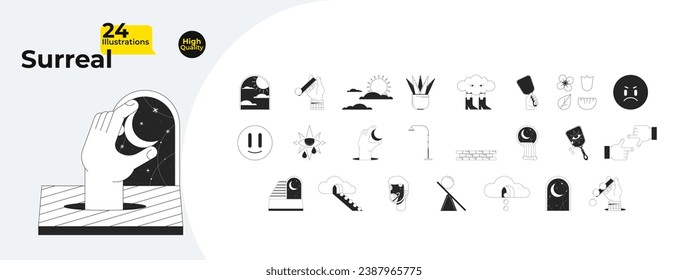 Surrealism dreams black and white 2D line cartoon concept objects bundle. Surreal esoteric symbols isolated vector outline items collection. Fantasy monochromatic flat spot illustration collection