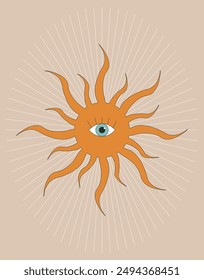 Surrealism element. Sun with an eye. Fictional bright sun in boho style. Space object on beige background. Vintage retro poster. Minimalistic abstract vector illustration.