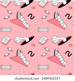 Surrealism elements pattern with abstract greek ancient sculptures. Vector hand drawn illustrations of modern statues and cosmic space, geometry psychedelic shapes.