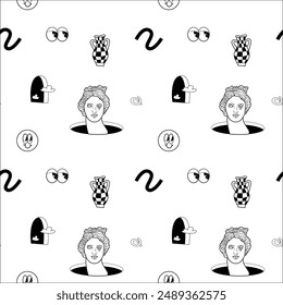 Surrealism elements pattern with abstract greek ancient sculptures. Vector hand drawn illustrations of modern statues and cosmic space, geometry psychedelic shapes.