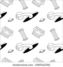 Surrealism elements pattern with abstract greek ancient sculptures. Vector hand drawn illustrations of modern statues and cosmic space, geometry psychedelic shapes.