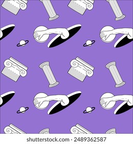 Surrealism elements pattern with abstract greek ancient sculptures. Vector hand drawn illustrations of modern statues and cosmic space, geometry psychedelic shapes.