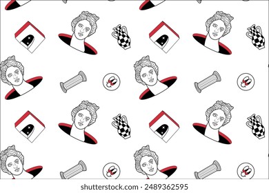 Surrealism elements pattern with abstract greek ancient sculptures. Vector hand drawn illustrations of modern statues and cosmic space, geometry psychedelic shapes.