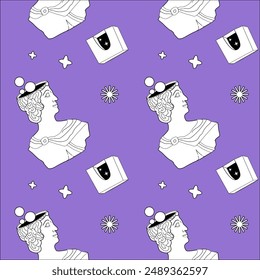 Surrealism elements pattern with abstract greek ancient sculptures. Vector hand drawn illustrations of modern statues and cosmic space, geometry psychedelic shapes.