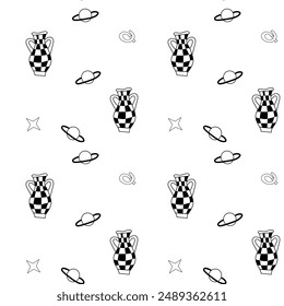 Surrealism elements pattern with abstract greek ancient sculptures. Vector hand drawn illustrations of modern statues and cosmic space, geometry psychedelic shapes.