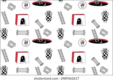 Surrealism elements pattern with abstract greek ancient sculptures. Vector hand drawn illustrations of modern statues and cosmic space, geometry psychedelic shapes.