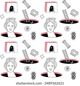 Surrealism elements pattern with abstract greek ancient sculptures. Vector hand drawn illustrations of modern statues and cosmic space, geometry psychedelic shapes.