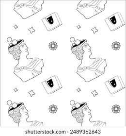 Surrealism elements pattern with abstract greek ancient sculptures. Vector hand drawn illustrations of modern statues and cosmic space, geometry psychedelic shapes.