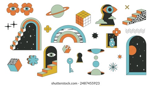 Surrealism elements. Psychedelic modern. Surreal geometric abstract shapes. Arch, staircase, rainbow. Vector shapes in trippy style. Window and vase with flower. Set. Illustration on white background.