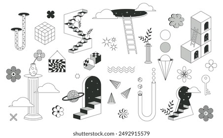 Surrealism elements. Psychedelic modern. Surreal geometric abstract shapes. Stairs, ladder and door portal. Vector shapes in trippy monochrome style. Minimal 3d. Set illustrations on white background.