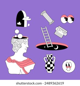 Surrealism elements set with abstract greek ancient sculptures. Vector hand drawn illustrations of modern statues and cosmic space, geometry psychedelic shapes set. Sticker pack.