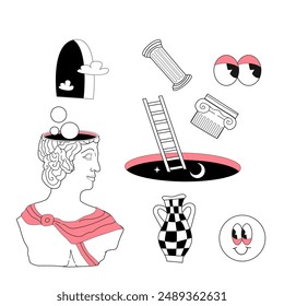 Surrealismus Elemente mit abstrakten griechischen antiken Skulpturen gesetzt. Vektorgrafik Handgezeichnete Illustrationen moderner Statuen und des kosmischen Raumes, geometrische psychedelische Formen gesetzt. Aufkleberpackung.