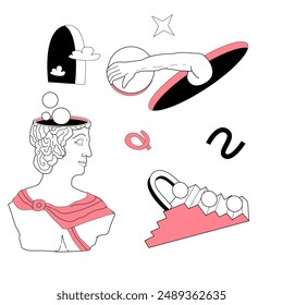 Surrealism elements set with abstract greek ancient sculptures. Vector hand drawn illustrations of modern statues and cosmic space, geometry psychedelic shapes set. Sticker pack.