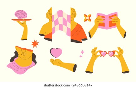 surrealism elements set. Set of bright abstract illustrations in surrealism style
