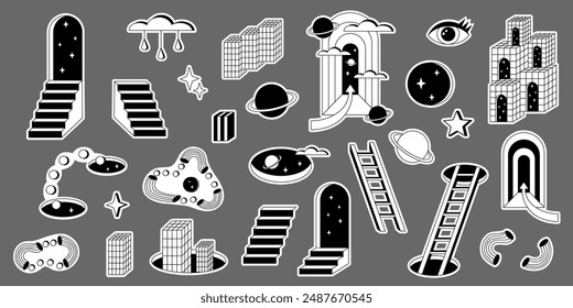 Surrealism elements set isolated on white background. Surrealism stickers set. Psychedelic elements set.