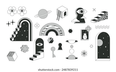 Surrealism elements.Psychedelic modern. Surreal geometric abstract shapes. Arch, staircase. Vector shapes in trippy monochrome style. Window, vase with flower. Set illustrations on white background.