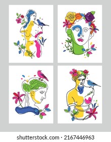 Surrealism. Modern conceptual art colorful cards with ancient statue with flowers isolated on light colored background. Collage of contemporary art. Fashion design.