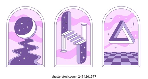 Surrealism poster set. Abstract shapes, moon light, stairs and geometric elements. Vector illustration in minimal style