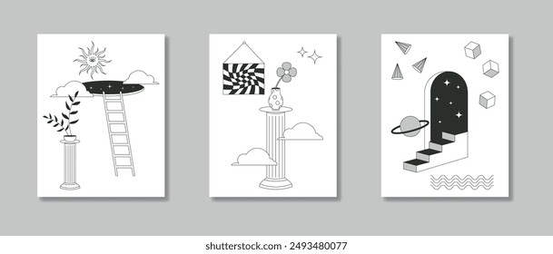 Surrealism poster. Set abstract surreal posters. Portal, sun, geometric shapes. Monochrome elements on white background. Minimalistic modern forms. Vector illustration.