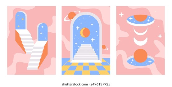 Conjunto de carteles de surrealismo. Escalera geométrica, Formas Abstractas, luz de la luna. Ilustración vectorial en estilo minimalista.