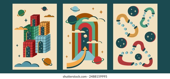 Conjunto de afiches de surrealismo. Carteles abstractos surrealistas. Juego de cartas surrealistas.