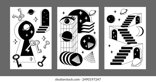 Surrealism posters set. Surreal abstract posters. Surrealism cards set. Psychedelic posters.