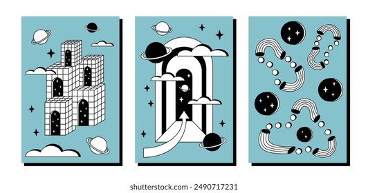 Surrealism posters set. Surreal abstract posters. Surrealism cards set.