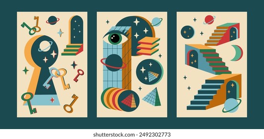 Surrealism posters set. Surreal abstract posters. Surrealism cards set. Psychedelic posters.