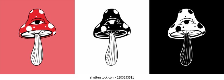 SURREALISM PSYCHEDELIC ILLUSTRATION Mushroom Amanita muscaria. WITH 3 VARIATIONS OF RED, BLACK, AND WHITE