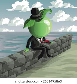 surrealism scene of man with giant apple head in beach